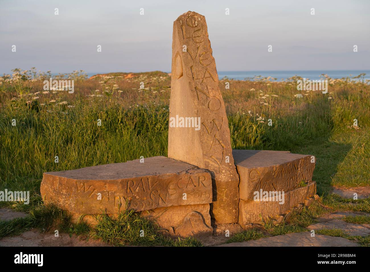 The start of the Cleveland Way and Yorkshire Wolds Way at the top of Filey Brigg on the North Yorkshire coast. Stock Photo