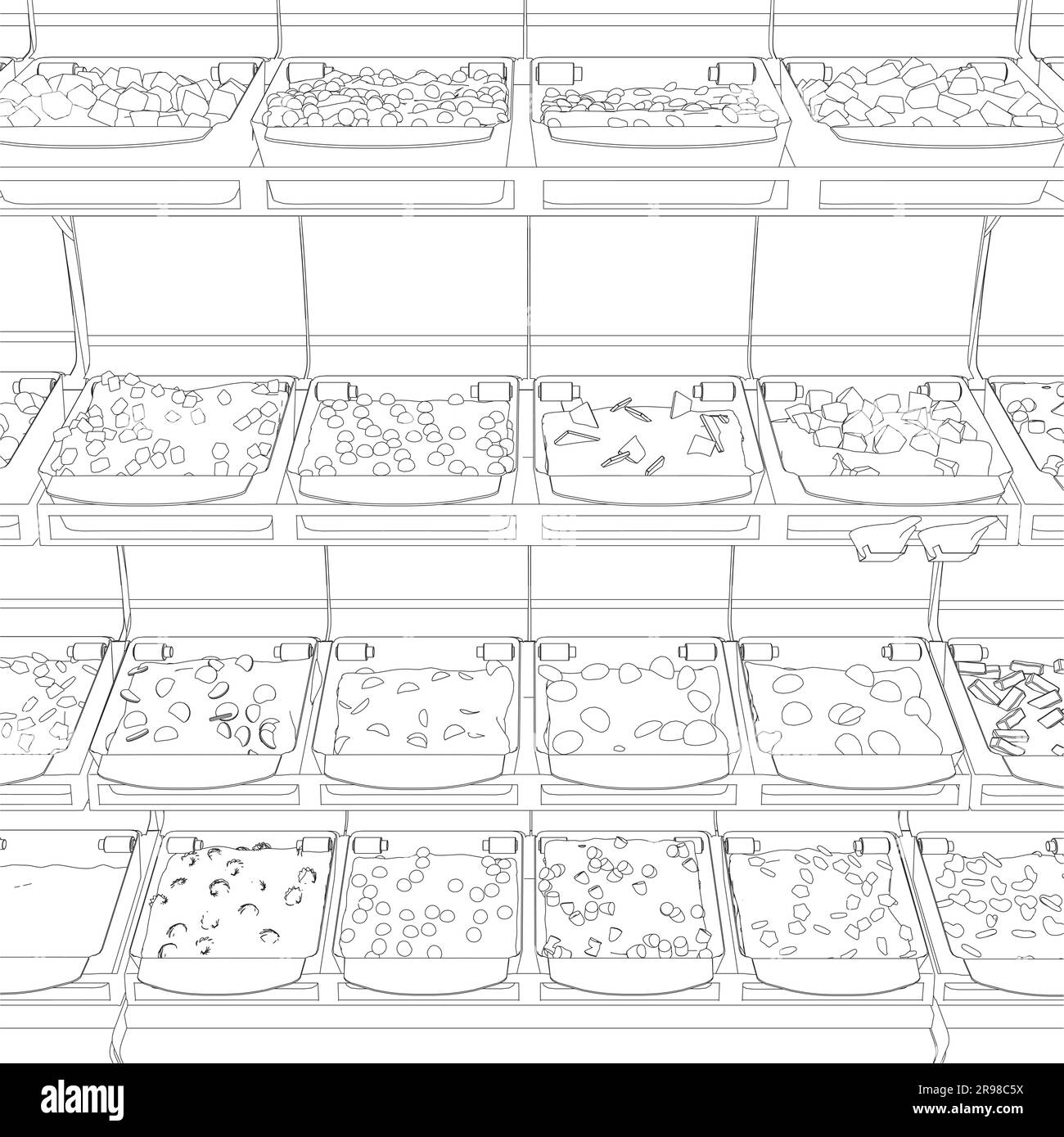 Outline grocery market counter, supermarket showcase and checkout