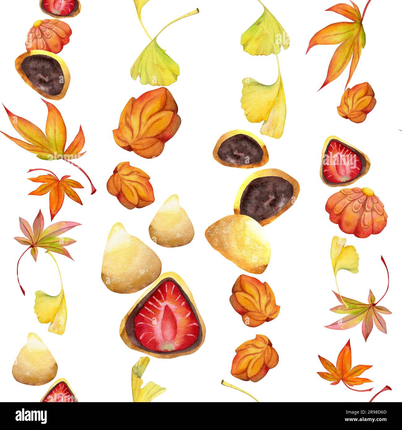 Watercolor seamless pattern with hand drawn traditional Japanese sweets