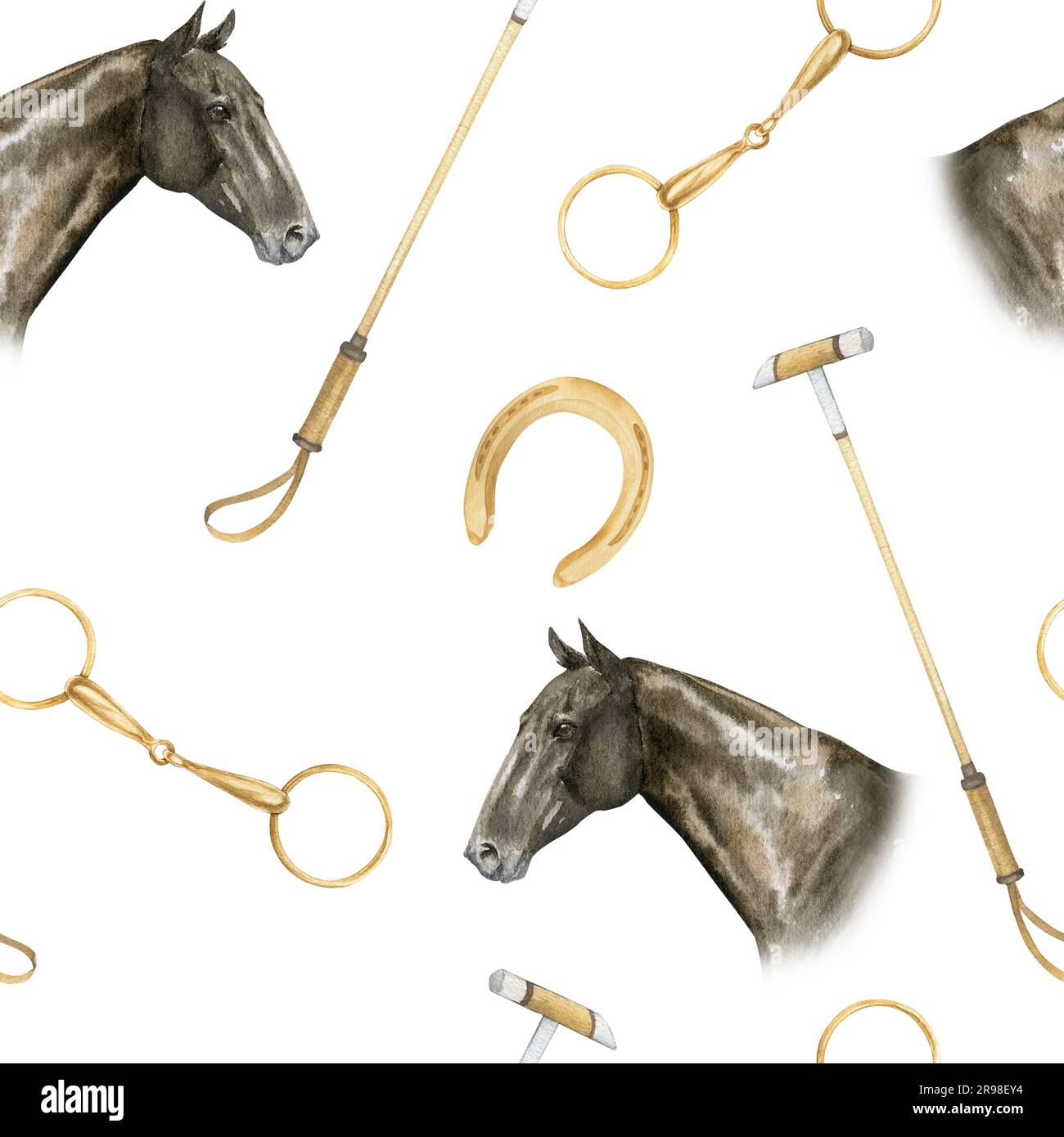 Seamless minimalistic pattern with watercolor illustrations of golden horseshoes and snaffles, horse polo sticks , horse portrairs, isolated. Print on Stock Photo