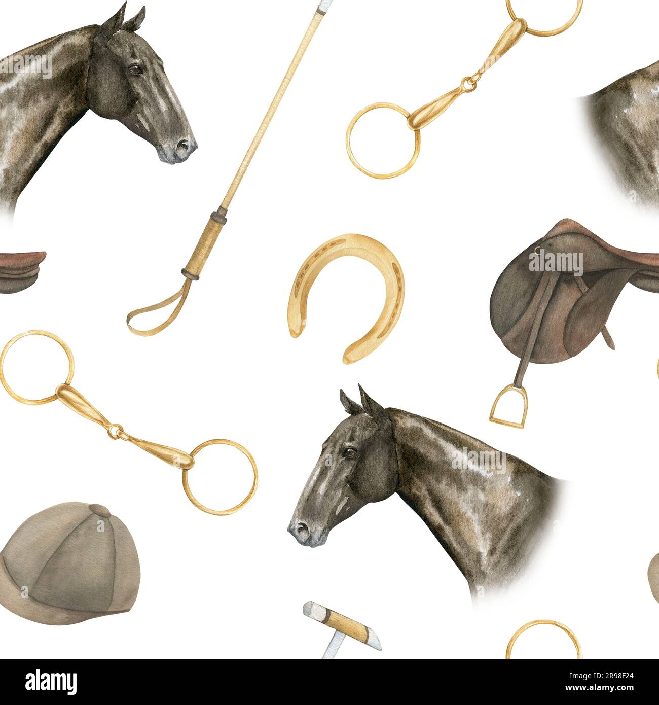 Seamless minimalistic pattern with watercolor illustrations of golden horseshoes and snaffles, saddles, horse polo sticks , horse portrairs, isolated Stock Photo