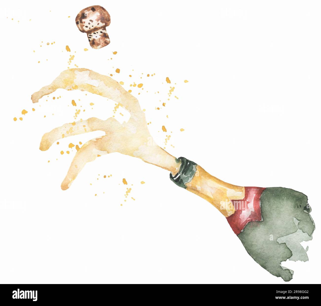 Watercolor open bottle with champagne and splashes clipart. Watercolor food illustration, beverages clip art Stock Photo