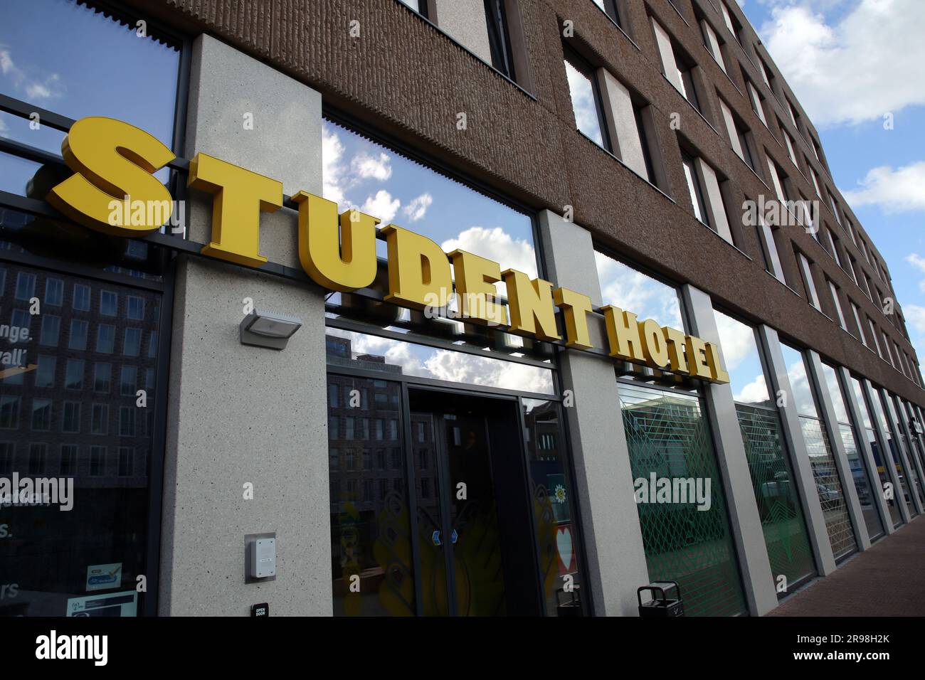 Delft, The Netherlands - Octorber 5, 2021: The facade and the signage of Student Hotel, one of the most well-known hotels in delft city of Holland. Stock Photo