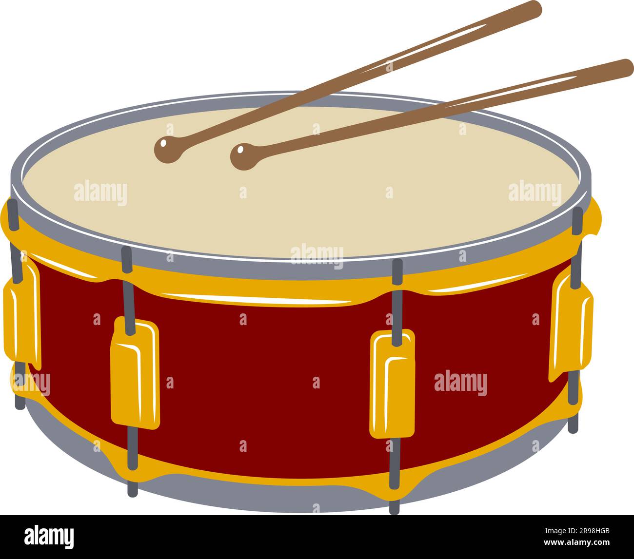 Bass drum and drumsticks.. Musical instrument. Vector clipart isolated on white. Stock Vector