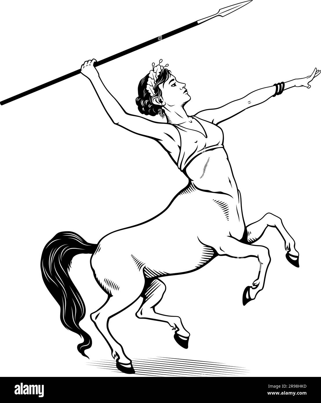 Centaur girl with spear. Vector Ink Style Outline Drawing. Shadow is the separate object. Stock Vector
