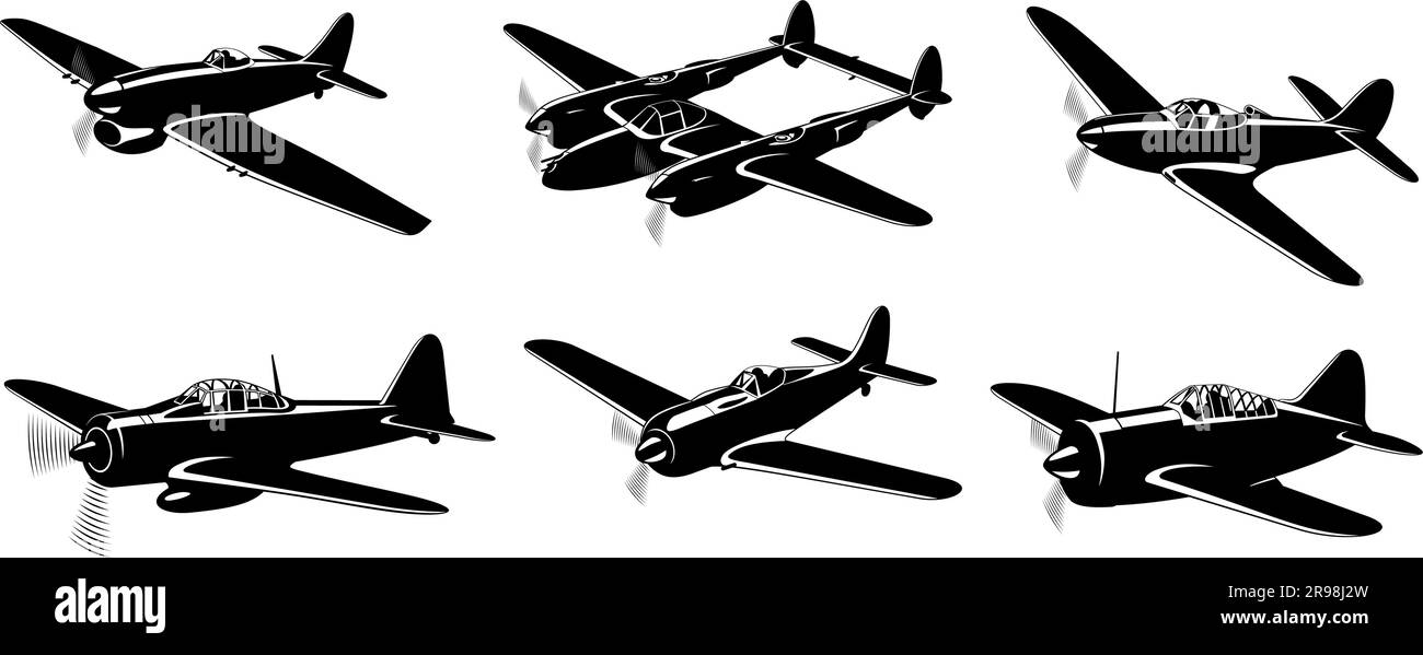 WWII Fighter Planes silhouettes collection isolated on white. Volume 3. Vector cliparts. Stock Vector
