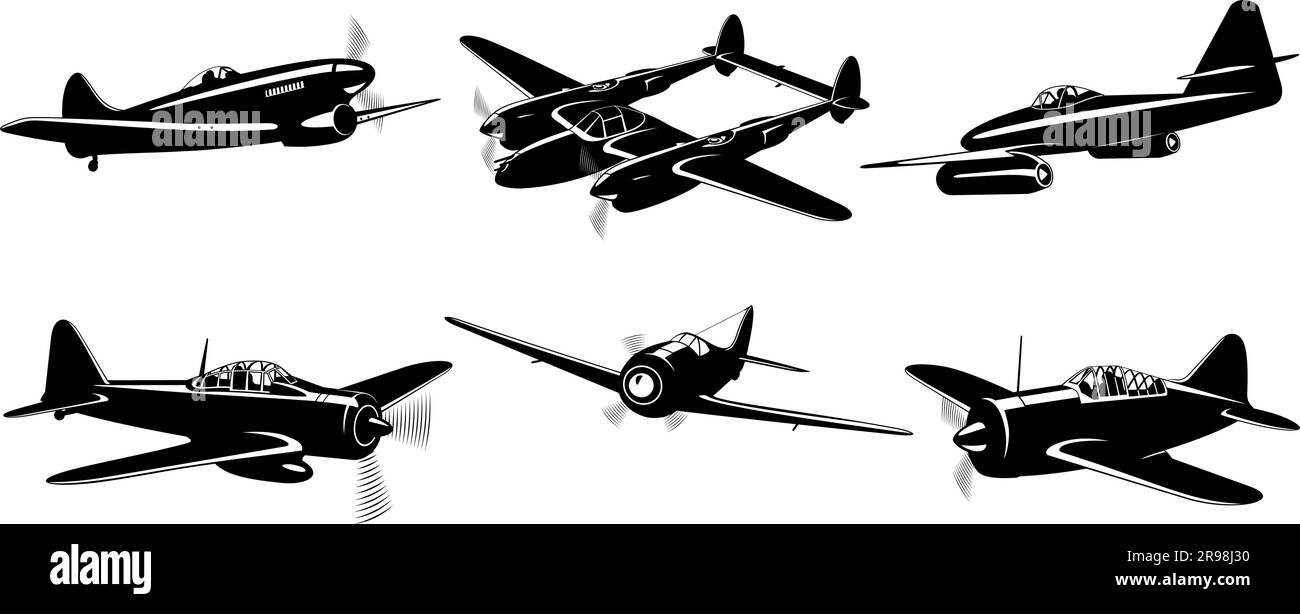 WWII Fighter Planes silhouettes collection isolated on white. Volume 2. Vector cliparts. Stock Vector