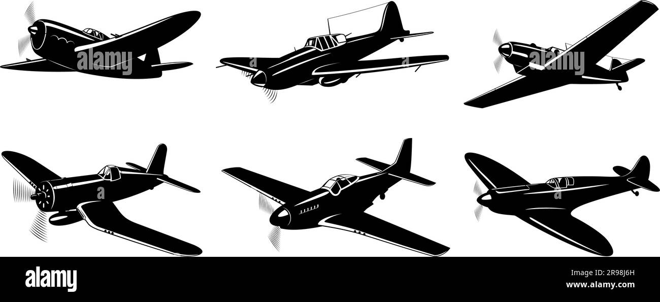 WWII Fighter Planes silhouettes collection isolated on white. Volume 1. Vector cliparts. Stock Vector