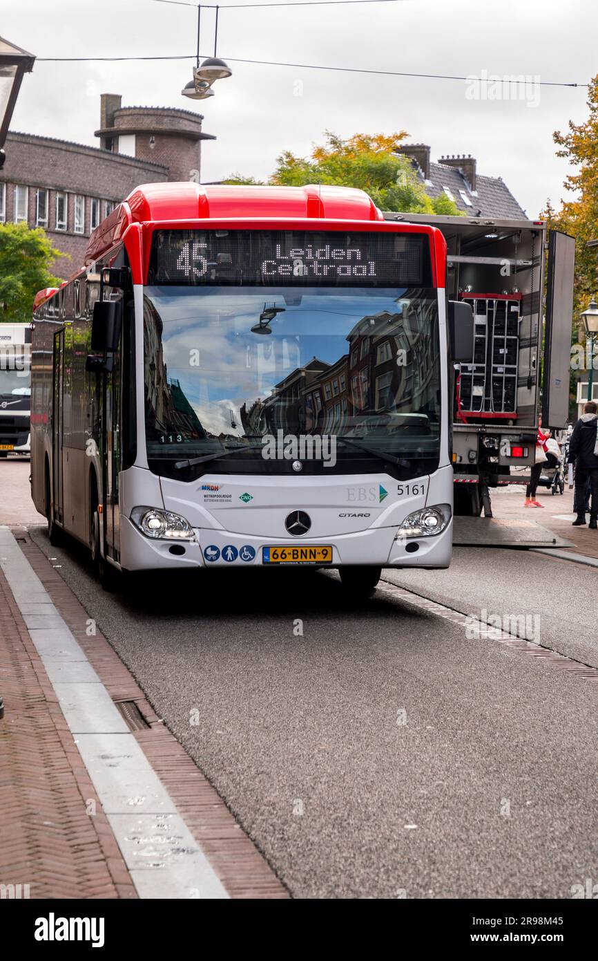 Leiden, Netherlands - October 7, 2021: Public bus in Leiden, North Holland province of the Netherlands. Stock Photo
