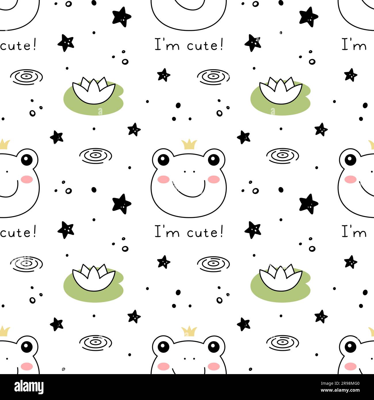 Frog princess, prince doodle style. Hand drawn seamless pattern with cute cartoon frog with crown in swamp with water lilies and lettering. Vector illustration Stock Vector