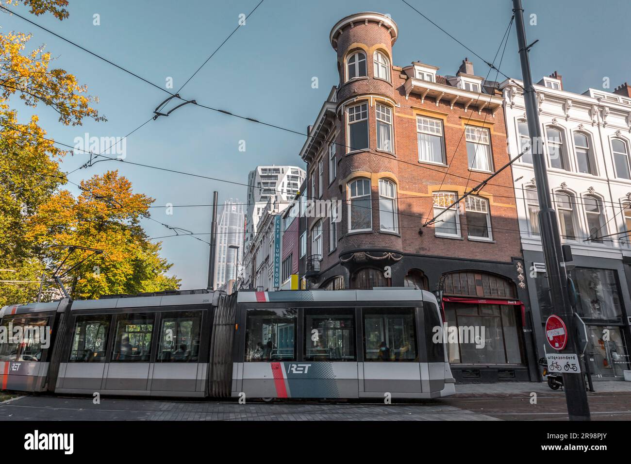 Rotterdam, Netherlands - October 8, 2021: Modern light rail city tram passing through the city of Rotterdam. Rotterdam is the second largest city of t Stock Photo