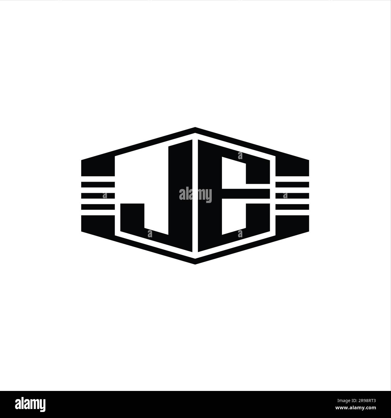 JE Letter Logo monogram hexagon emblem shape with stripes outline style ...