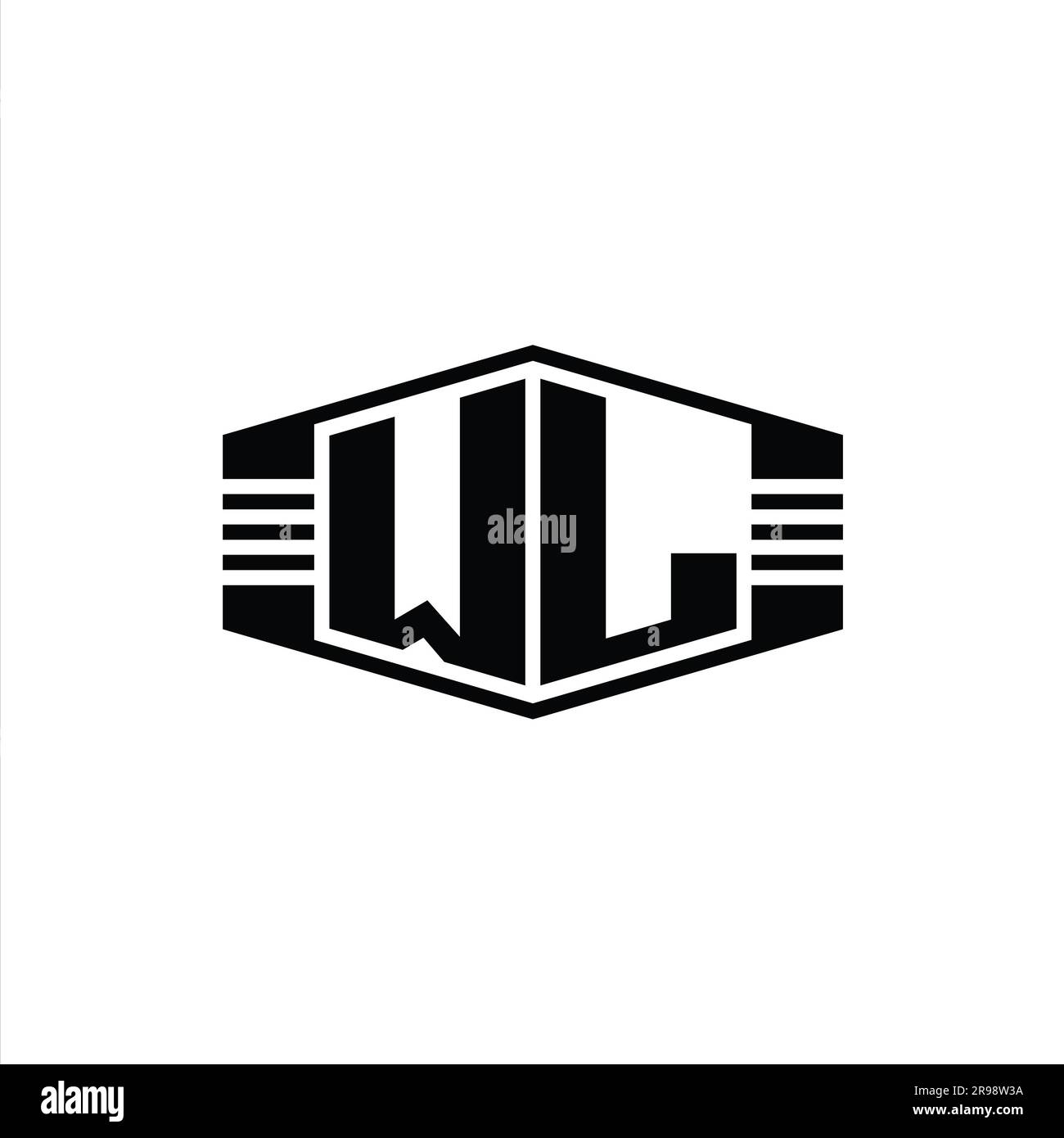 WL Letter Logo monogram hexagon emblem shape with stripes outline style ...