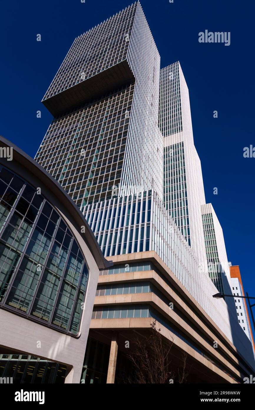 Street view and modern architecture with business towers in downtown ...