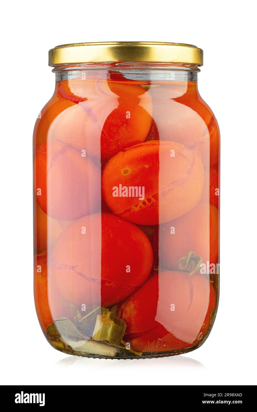 Canned tomatoes in a jar. Isolated on white background. File contains