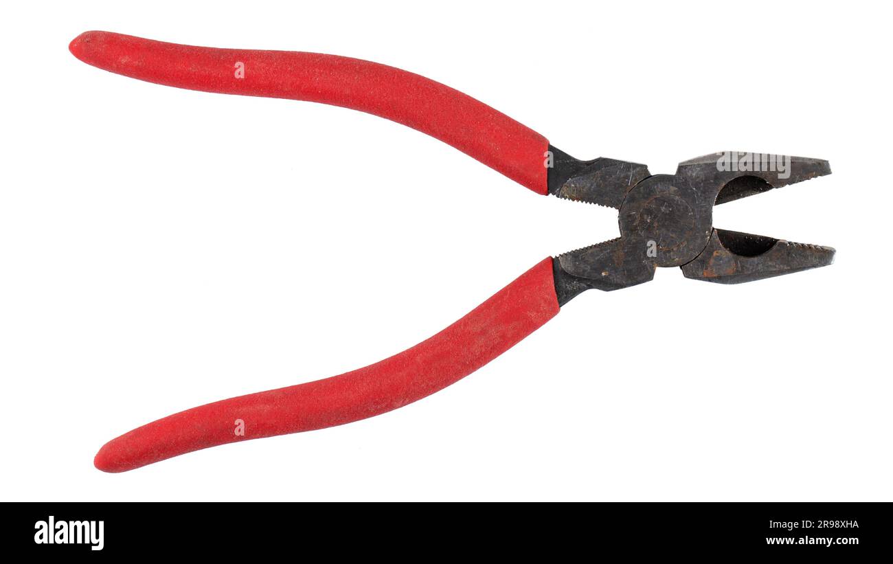 Old pliers with rubber grips in red on a white background. Top view