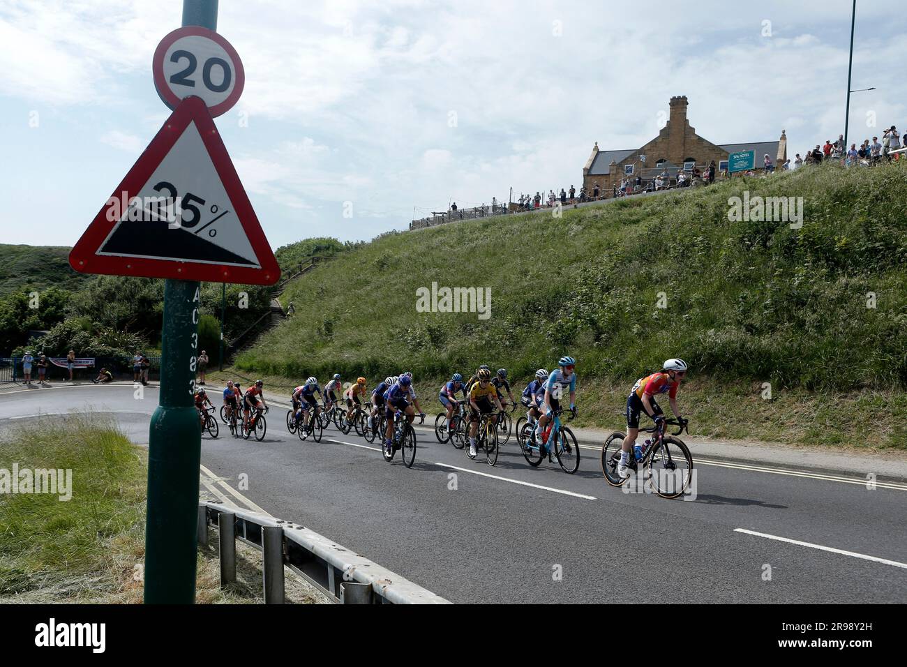 The peloton tackle Saltburn Bank during the women's road race for the