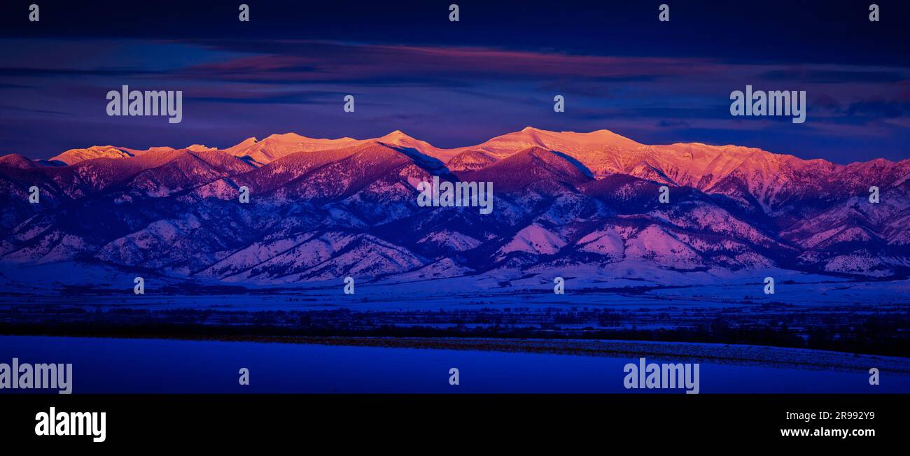 Winter sunset, Bridger Range and Gallatin Valley, Montana Stock Photo