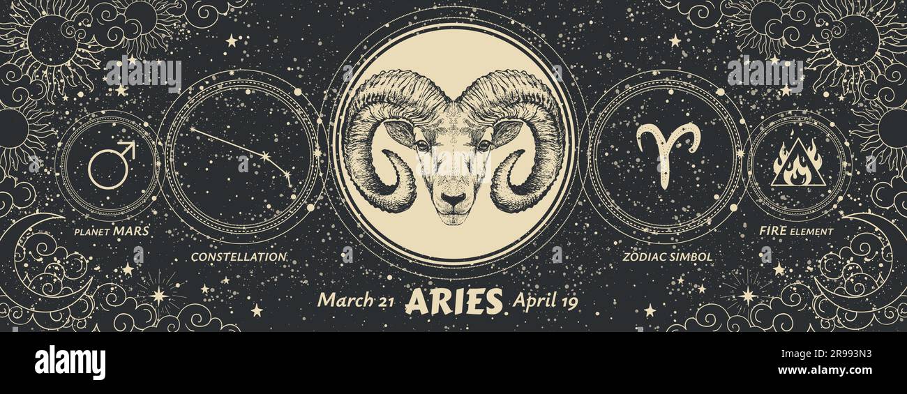 Aries zodiac sign, modern mystical astrology banner with black background of universe, constellation, symbols of alchemy and astronomy. Vintage vector Stock Vector