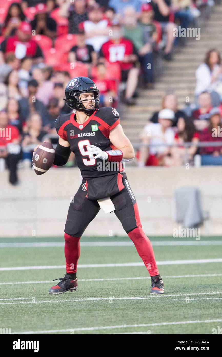 Ottawa, Canada. 15th June, 2023. Ottawa Redblacks quarterback Nick Arbuckle (9) sets to throw during the CFL game between Calgary Stampeders and Ottawa Redblacks held at TD Place Stadium in Ottawa, Canada. Daniel Lea/CSM/Alamy Live News Stock Photo