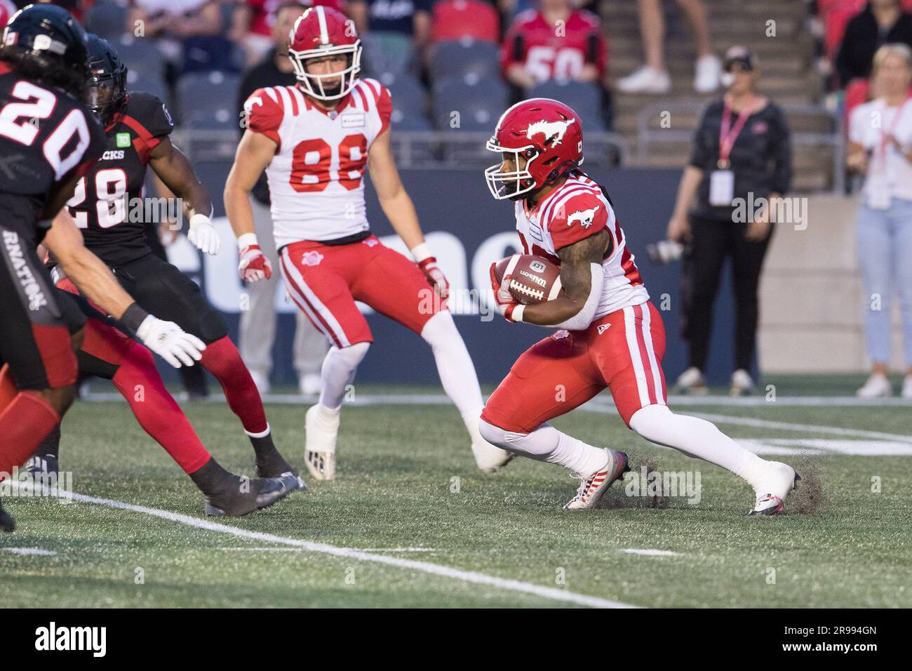 Ottawa, Canada. 15th June, 2023. Calgary Stampeders Peyton Logan (20) runs with the ball during the CFL game between Calgary Stampeders and Ottawa Redblacks held at TD Place Stadium in Ottawa, Canada. Daniel Lea/CSM/Alamy Live News Stock Photo