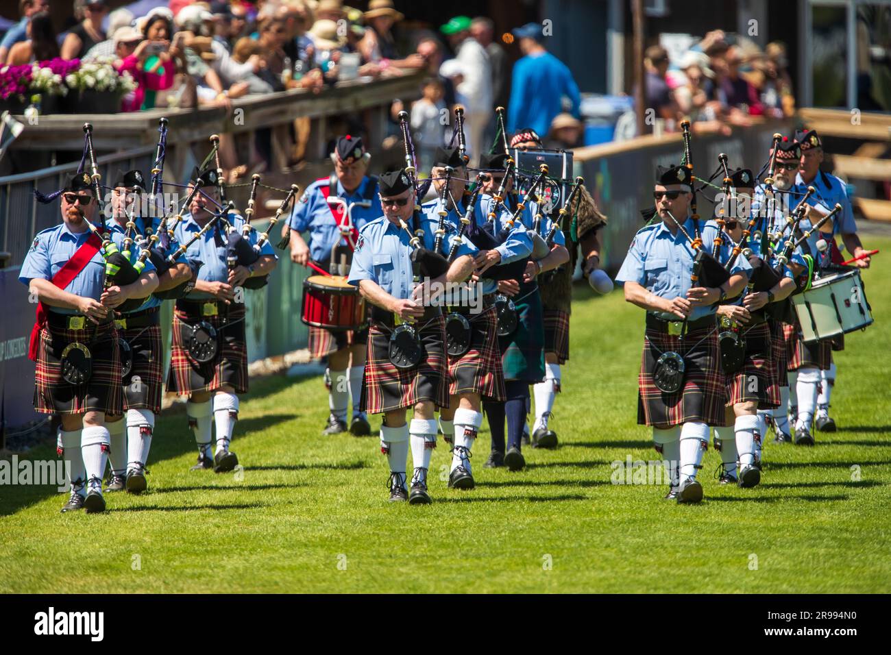 The Pipe and Drum core from the Langley Fire Department takes part in the opening ceremonies of the FEI Nations Cup on June 4, 2023 in Langley, Canada Stock Photo