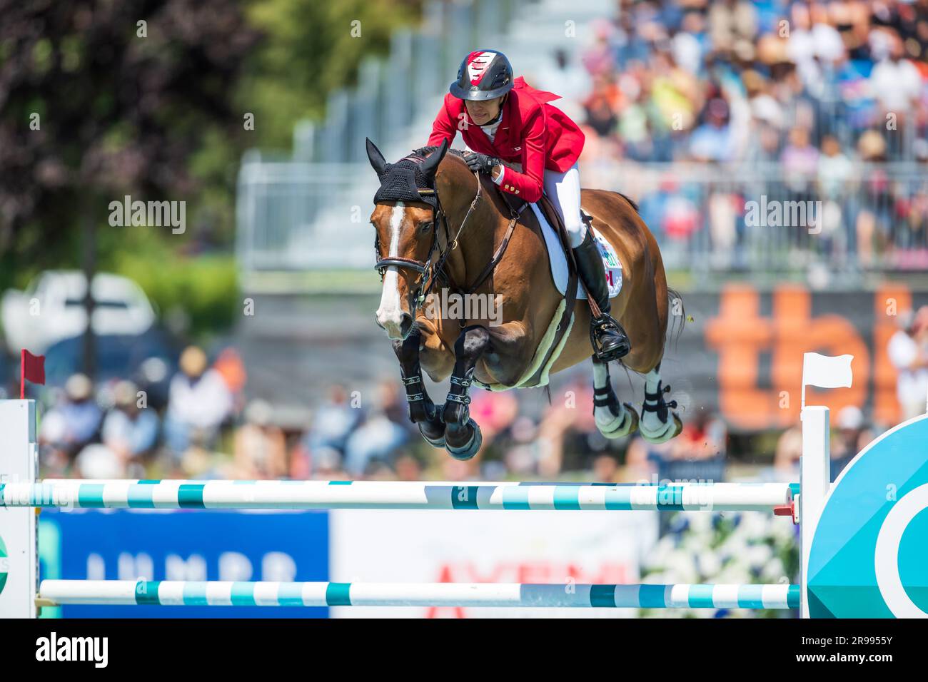Tiffany Foster of Canada competes during the FEI Nations Cup in Langley, B.C., on June, 4, 2023. Stock Photo