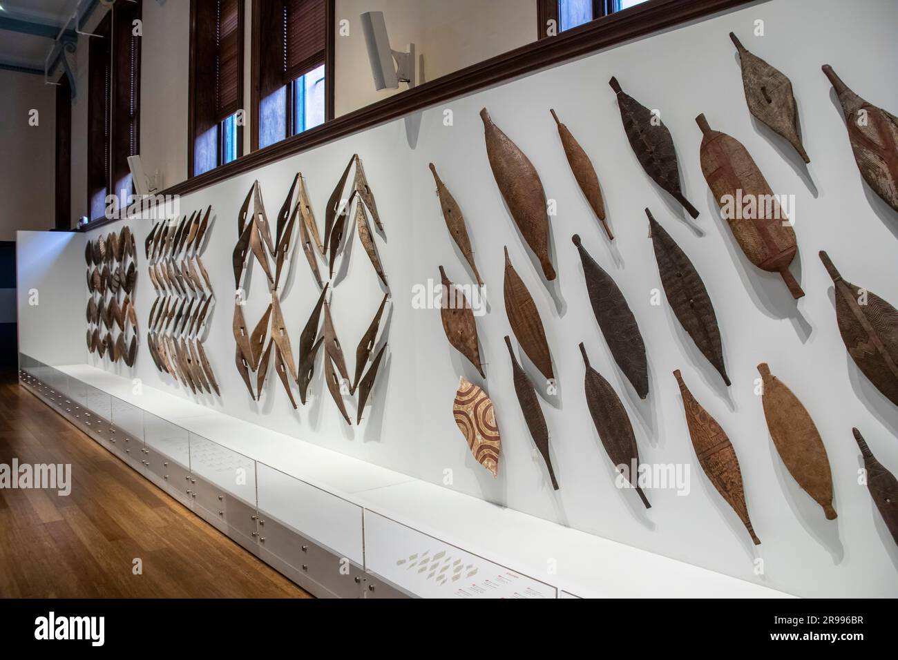 Sydney Australia 26th Mar 2023: the  exhibition “many friends”in  Australian Museum. Australian Aboriginal Shields were made from bark or wood. Stock Photo