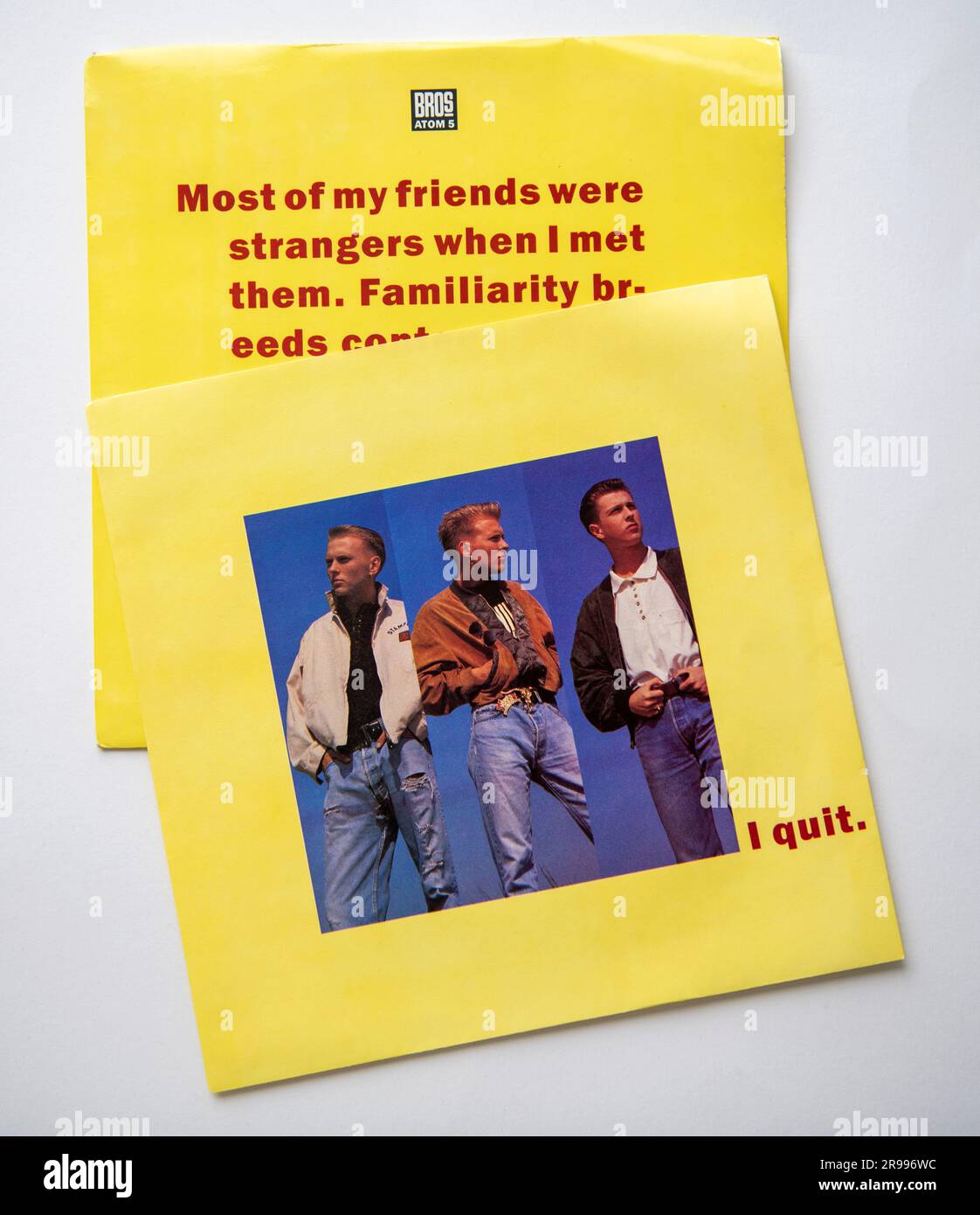 Inner and outer sleeves of the seven inch vinyl version of I Quit by Bros, which was released in 1988 Stock Photo