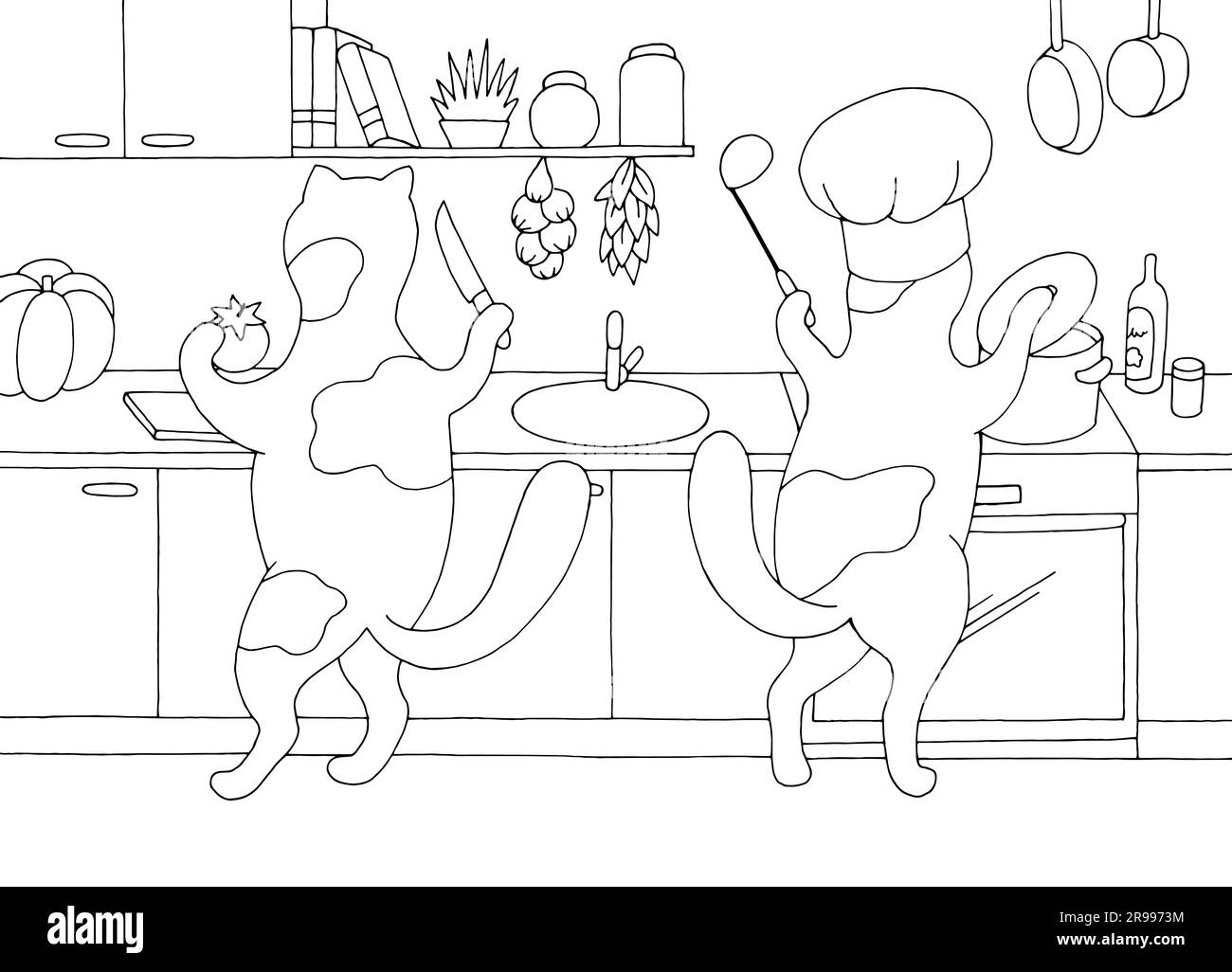 Cats are cooking in the kitchen graphic black white home interior sketch illustration vector Stock Vector