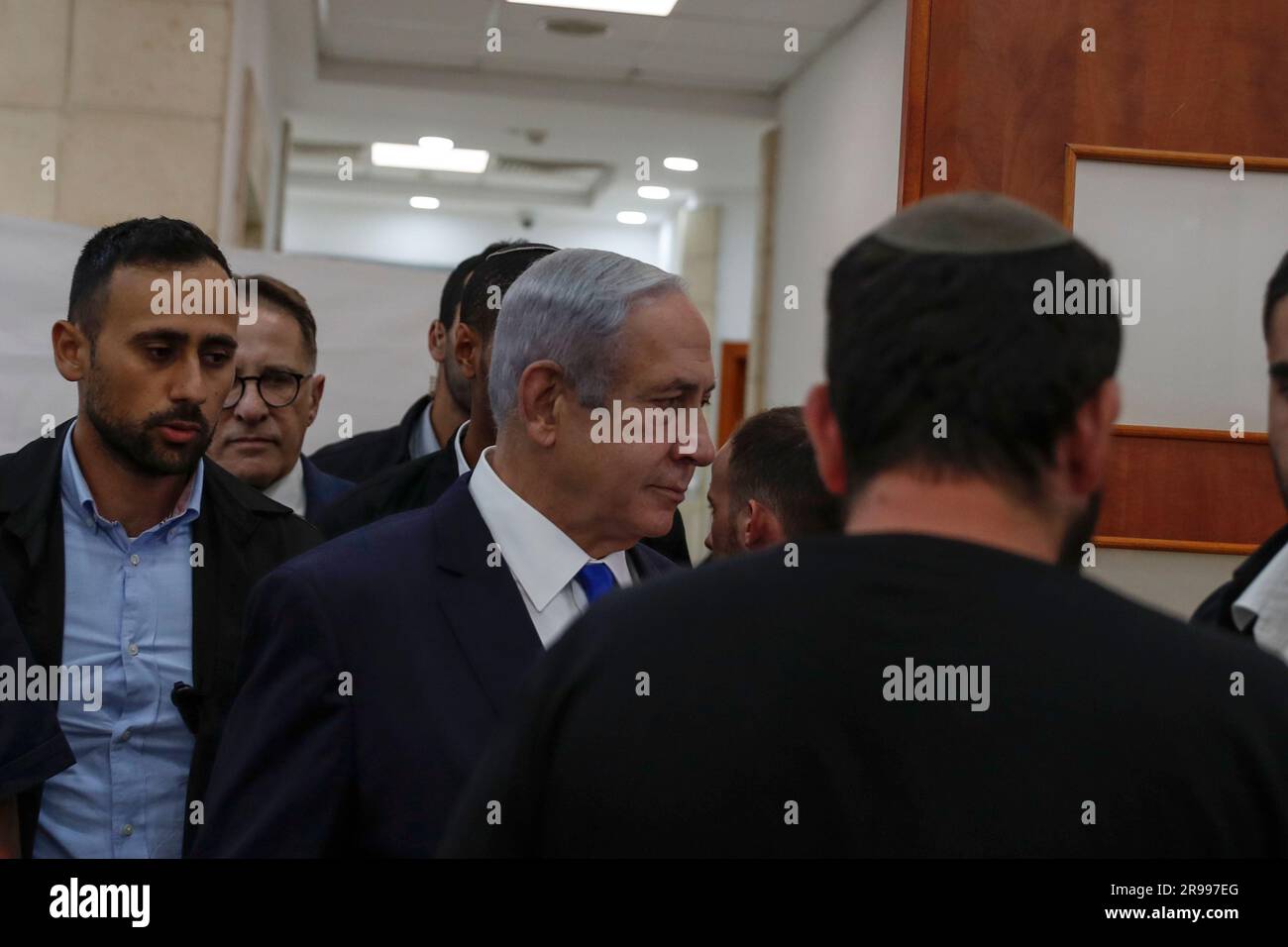 Israeli PM Benjamin Netanyahu attending Arnon Milchan testimony in visual from London in Netanyahu's ongoing trial at the District Court in Jerusalem on June 25, 2023. Photo by Atef Safadi/UPI Credit: UPI/Alamy Live News Stock Photo