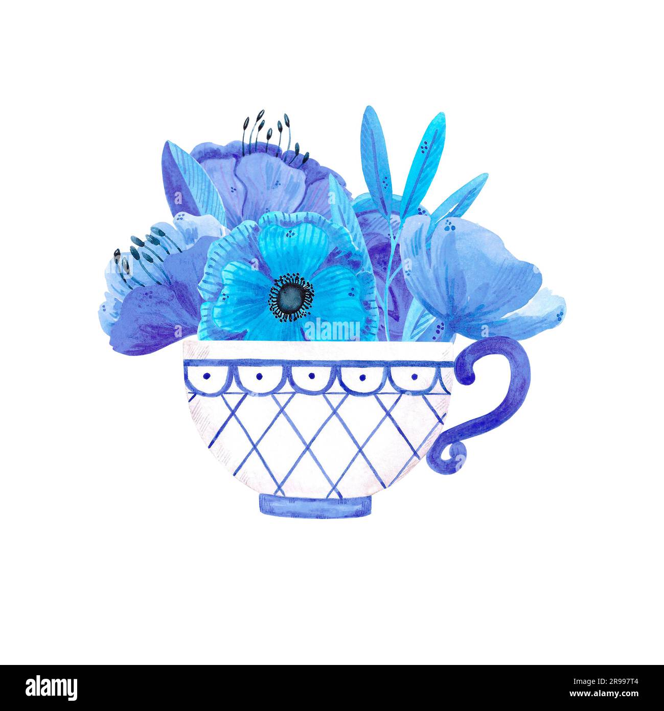 Indigo Dahlia - PRINT, monochrome, watercolor, floral, blue, stems.  flowers, botanical art