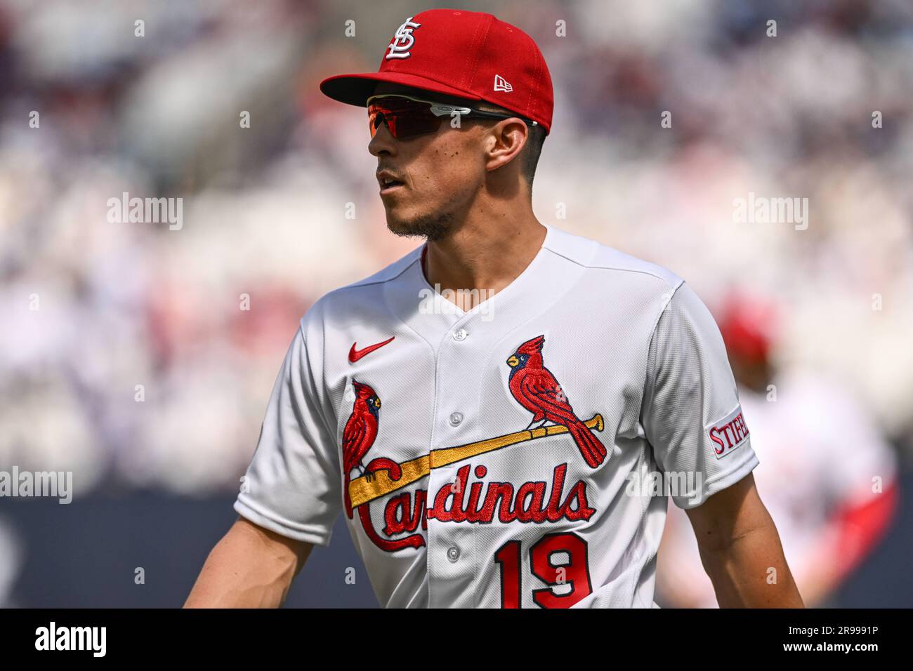 Tommy Edman #19 of the St. Louis Cardinals pre-match warm up ahead of the  2023 MLB London Series match St. Louis Cardinals vs Chicago Cubs at London  Stadium, London, United Kingdom, 25th