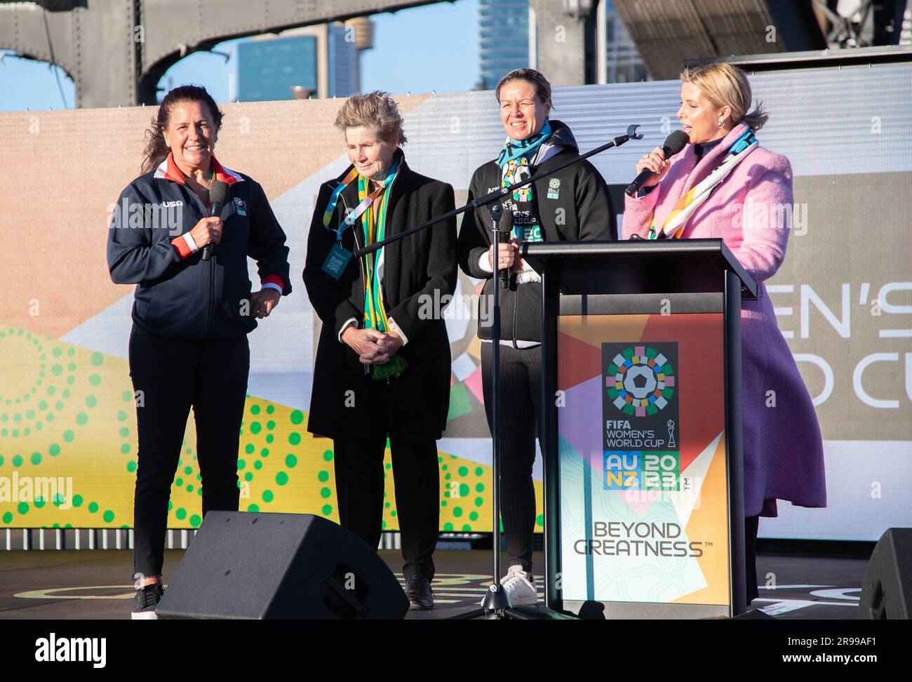 Sydney, Australia. 25th June, 2023. FIFA Legend and former football player of the United States Joy Fawcett(1st L), Australia's inaugural captain Julie Dolan (2nd L) and former New Zealand's football player Maia Jackman (2nd R) attend the event celebrating the 25-day countdown until the 2023 FIFA Women's World Cup on Sydney Harbor Bridge in Sydney, Australia, June 25, 2023. Credit: Hu Jingchen/Xinhua/Alamy Live News Stock Photo