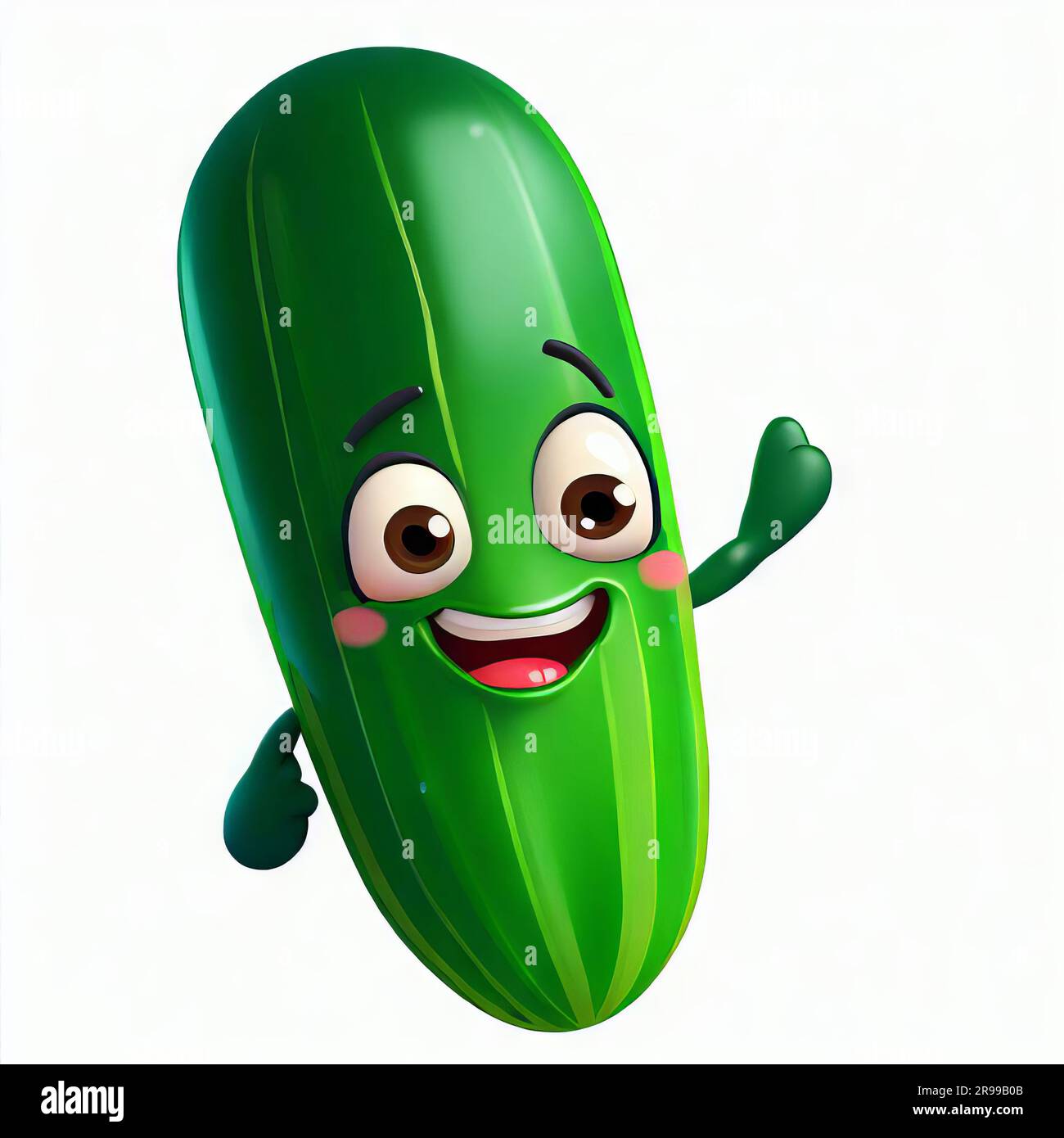 Cute 3d smiling cucumber cartoon character, big blue eyes, hands up