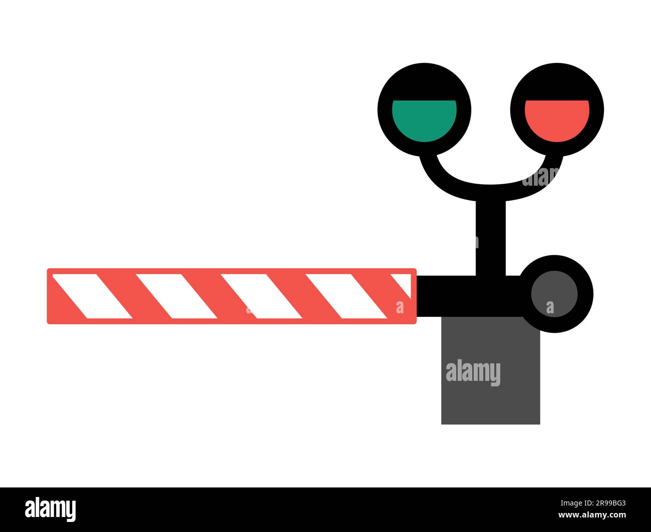 Vector railroad barrier with traffic lights. Railway gate with semaphore icon. Rail way stop sign isolated on white background Stock Vector