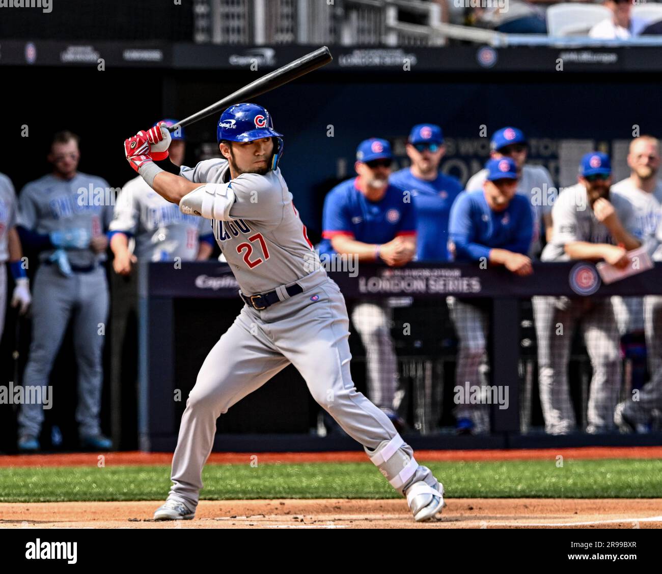 Seiya Suzuki #27 of the Chicago Cubs first bat during the 2023 MLB