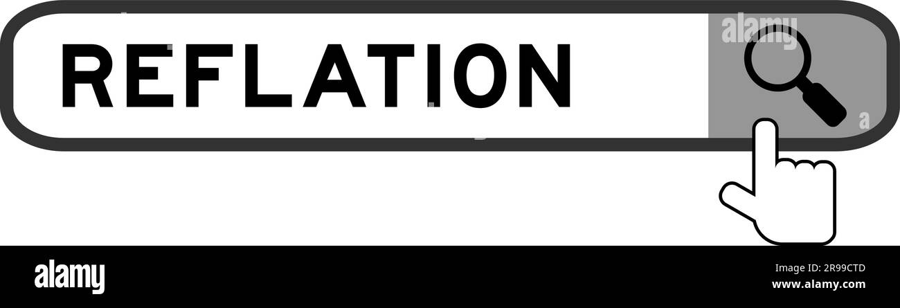 Search banner in word reflation with hand over magnifier icon on white ...
