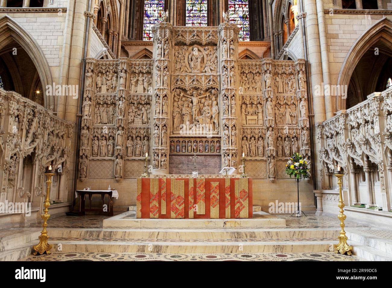 The hugely detailed Reredos and Altar in Truro Cathedral. Stock Photo