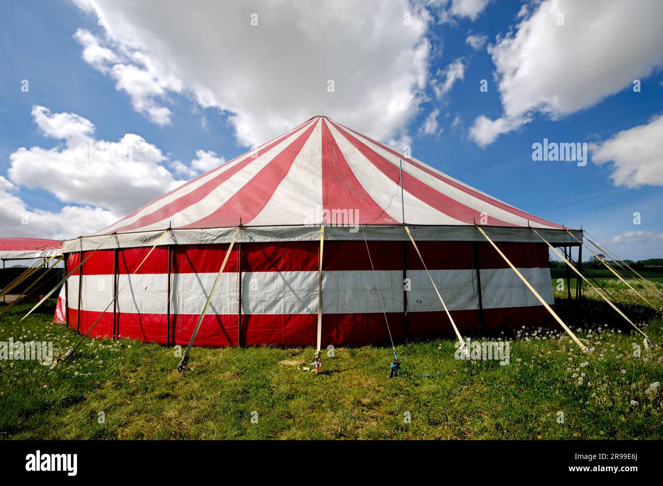 A red and white striped circus tent in green nature. The sky is blue ...