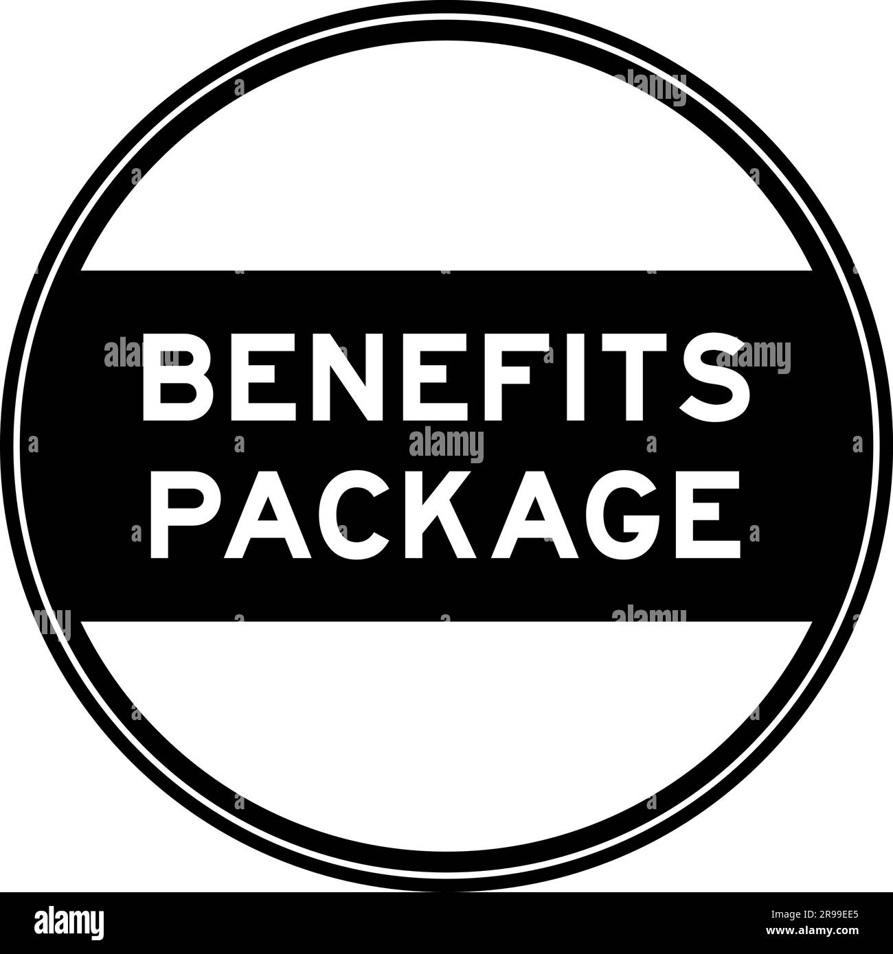 Black color round seal sticker in word benefits package on white