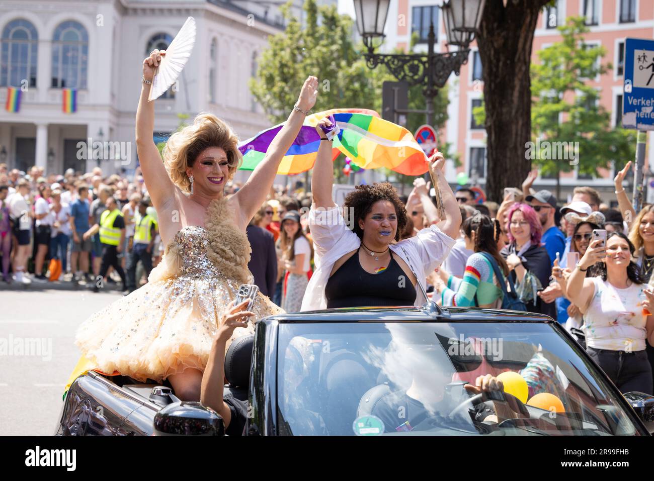 Munich, GERMANY - June 24, 2023: People at the Parade at Christopher Street  Day CSD in Munich. Dragqueen in a car. Stock Photo