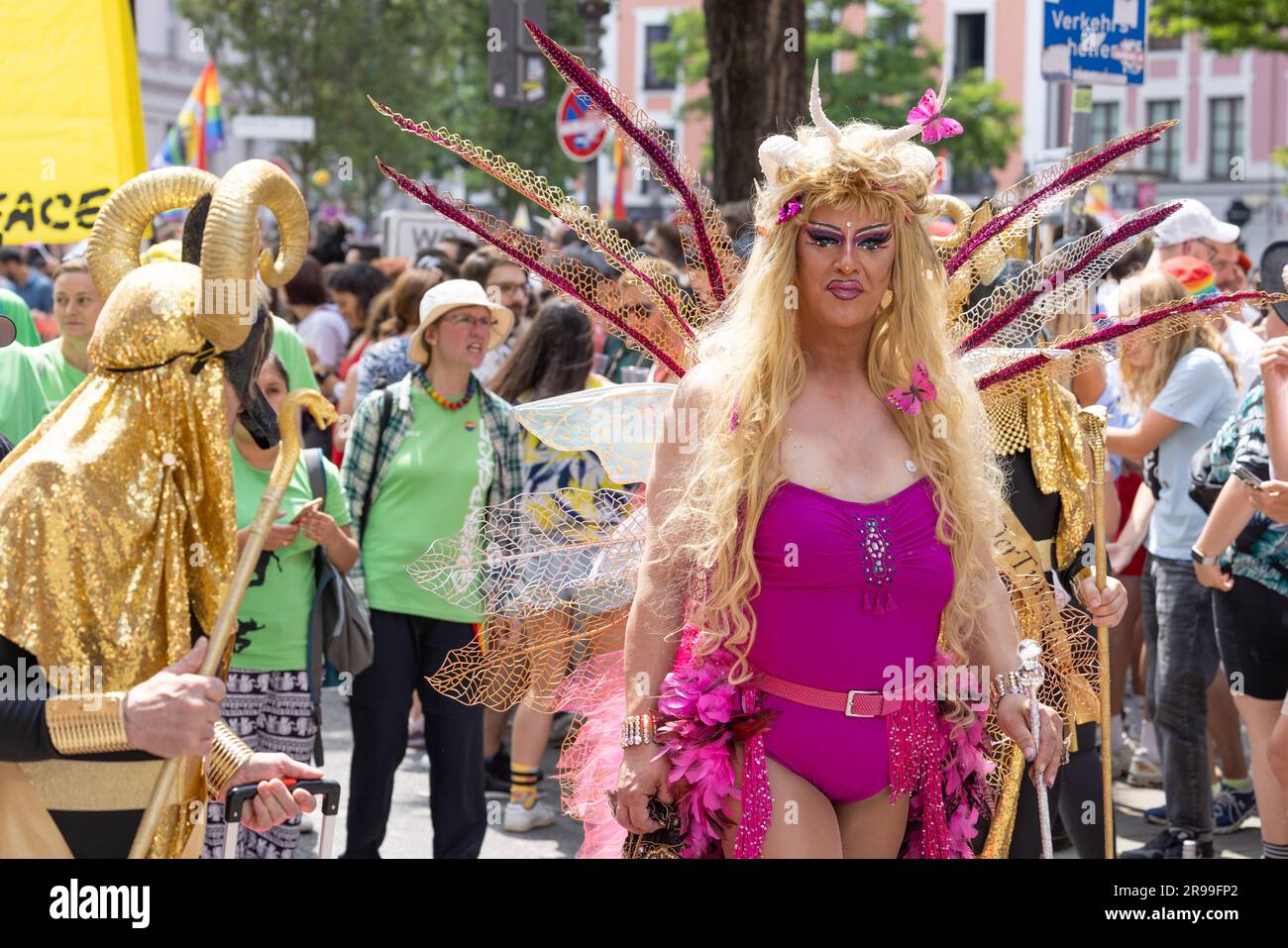 Munich, GERMANY - June 24, 2023: People at the Parade at Christopher Street  Day CSD in Munich. Drag queen with fancy costume. Stock Photo