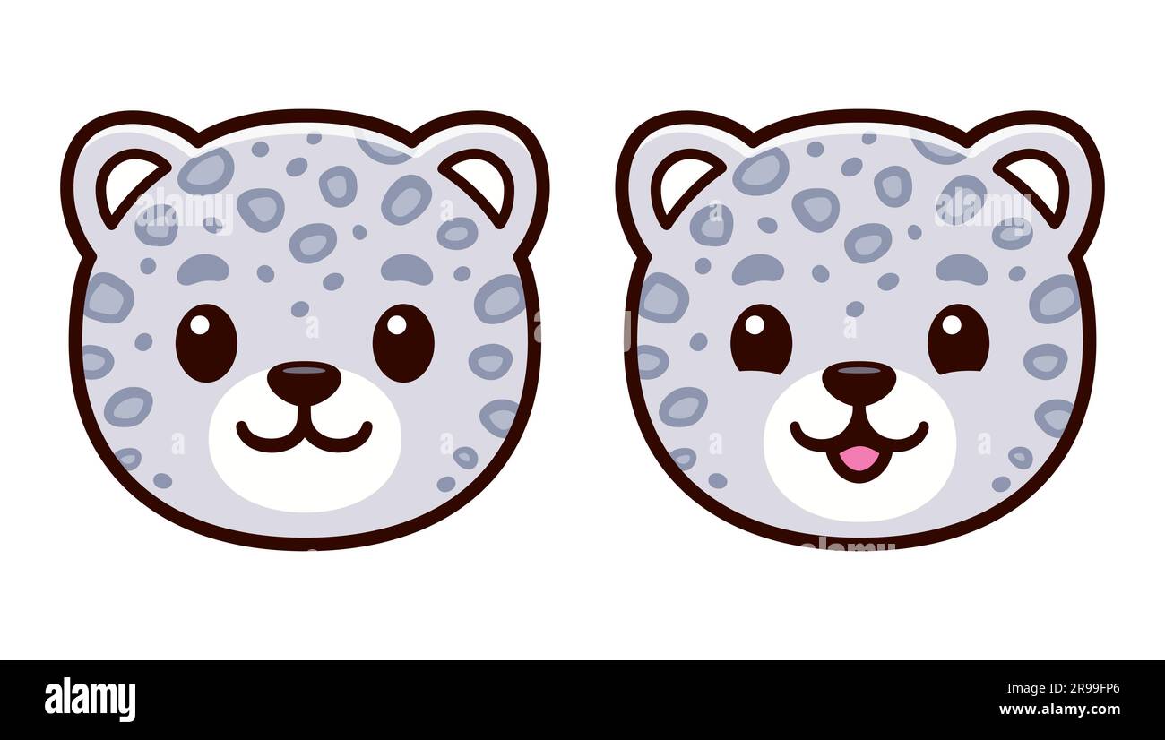 Cute cartoon snow leopard face icon. Kawaii baby white leopard smiling ...