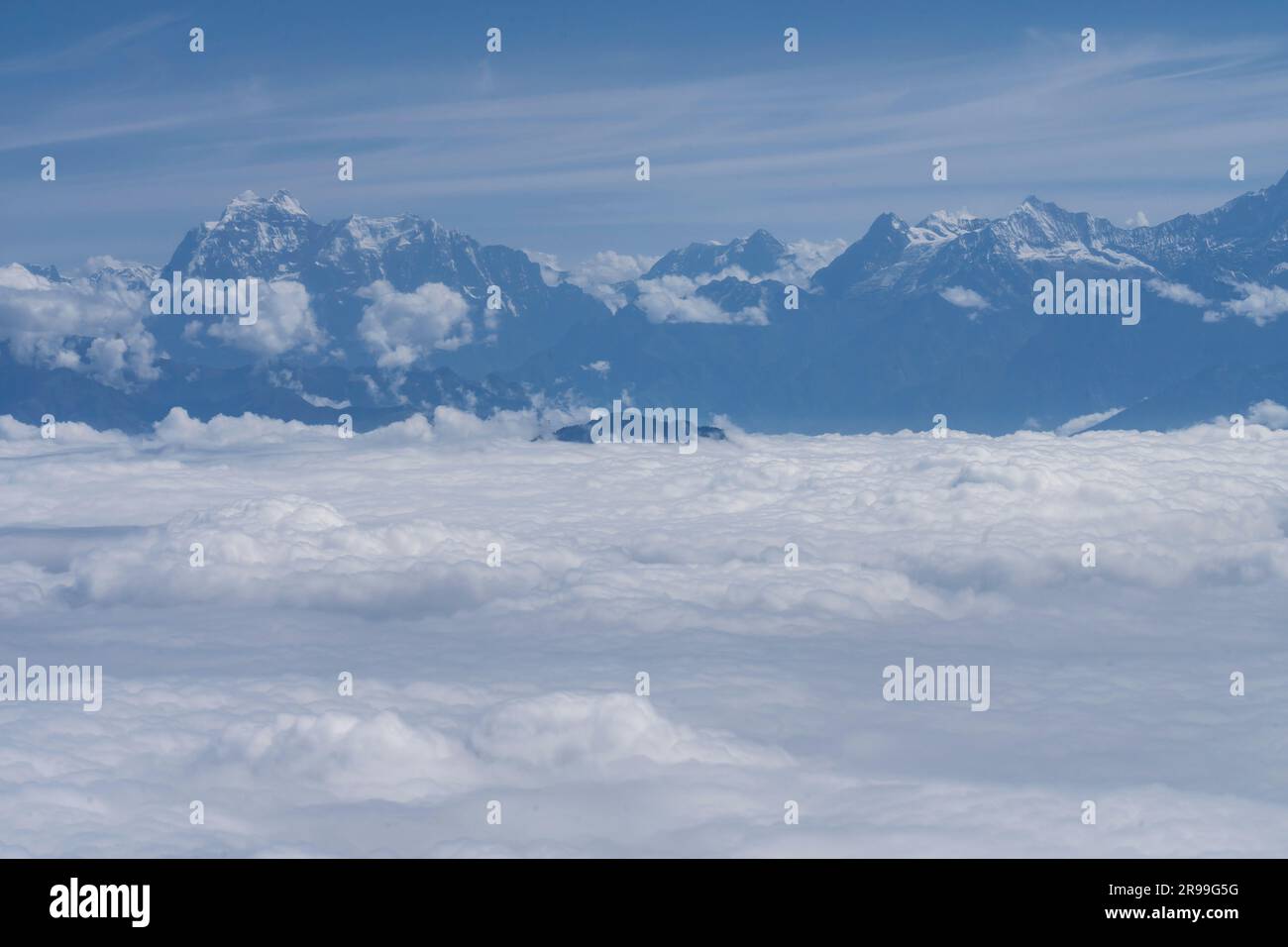 Pokhara. 25th June, 2023. The Annapurna range is seen on a flight from Pokhara to Kathmandu in Nepal, June 25, 2023. Credit: Hari Maharjan/Xinhua/Alamy Live News Stock Photo
