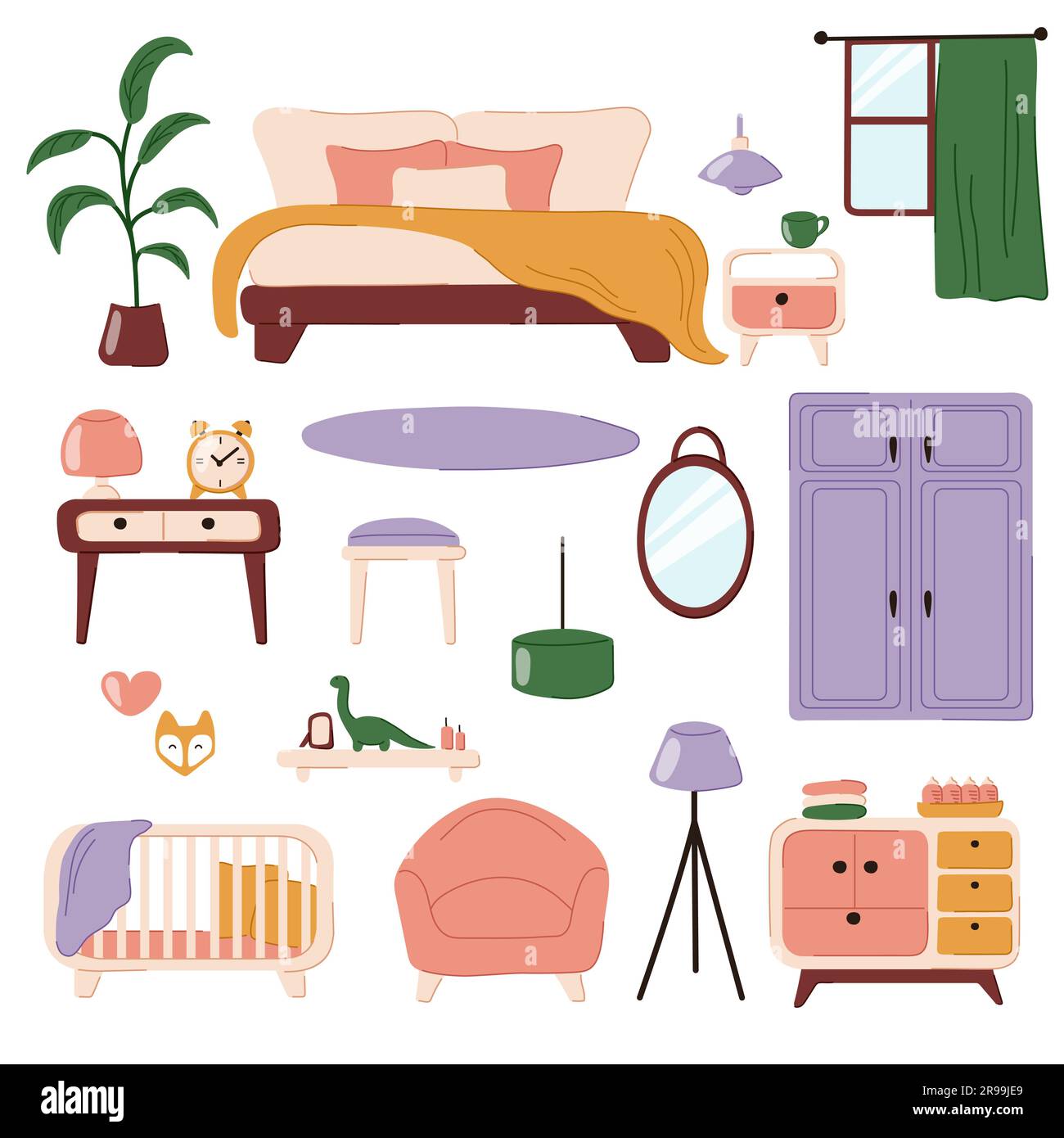 Bedroom furniture set in flat style. Isolated cartoon collection of