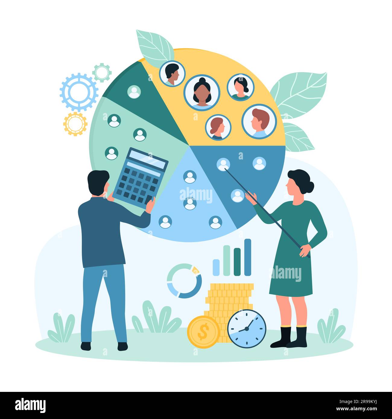 Audience segmentation, marketing research vector illustration. Cartoon tiny people with calculator and pointer divide potential customers focus group into pie chart segments, demographic data analysis Stock Vector