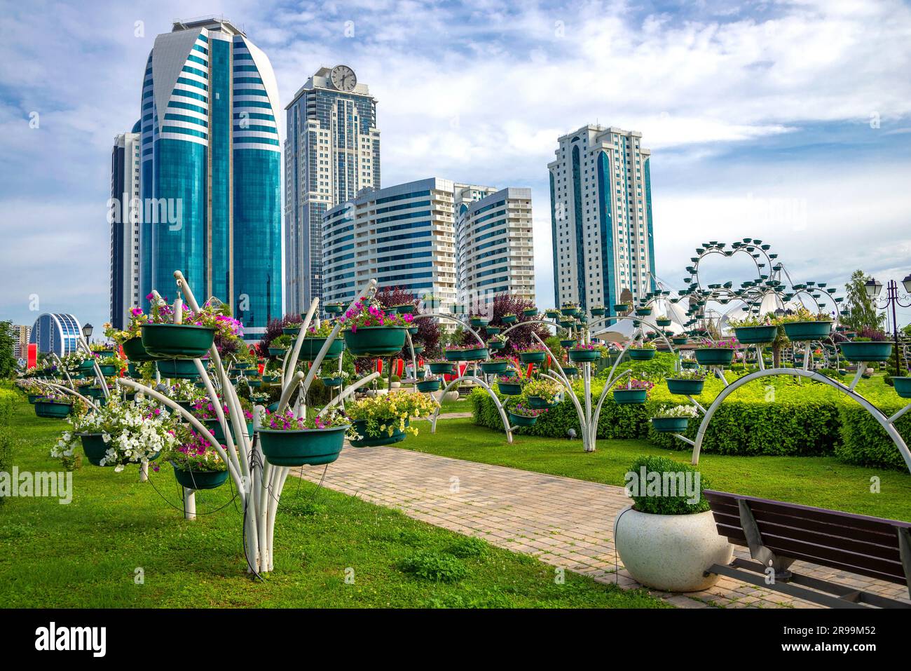 GROZNY, RUSSIA - JUNE 14, 2023: Flower Park near the residential complex Grozny-City. Grozny, Chechen Republic, Russia Stock Photo