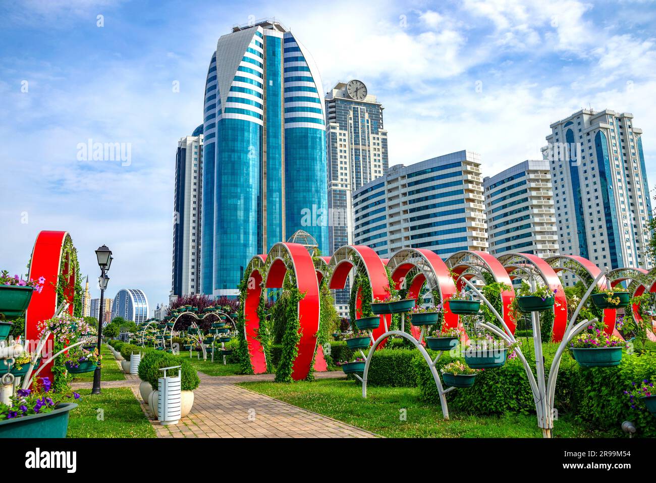 GROZNY, RUSSIA - JUNE 14, 2023: View of the alley in the 'Flower Park'. Grozny, Chechen Republic Stock Photo
