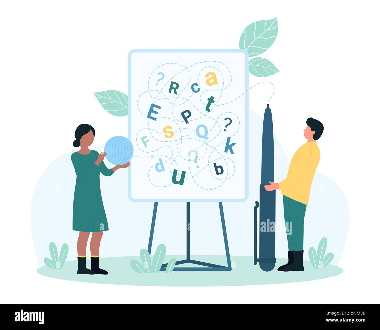 Dysgraphia, disability disorder and problem of learning vector illustration. Cartoon tiny people holding pen and thread to write and unravel puzzle with letters of English alphabet on white board Stock Vector